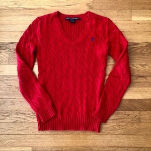 Red V Neck Cable Knit Sweater - Ralph Lauren Sport